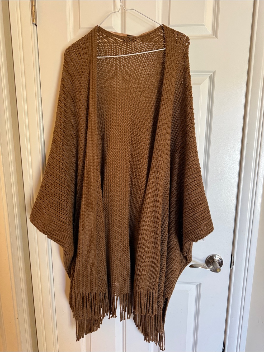 Steve Madden Brown Open-Front Fringe Knit Poncho